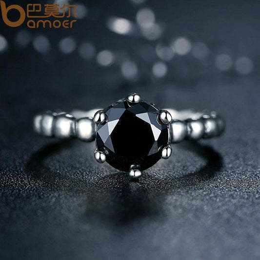 BAMOER Finger Ring with Black Cubic Zirconia Wedding Jewelry PA7205 eprolo