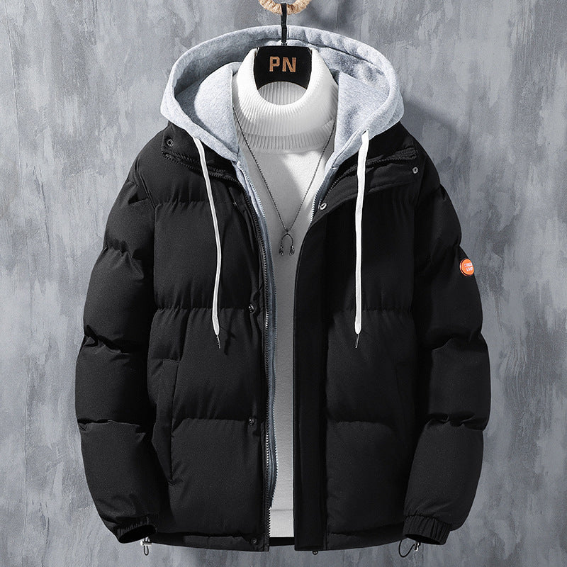 Fashion Hooded Jacket Men Winter Windproof Thickened Fake Two-piece Coat Solid Leisure Sports Cotton Jacket Shopera