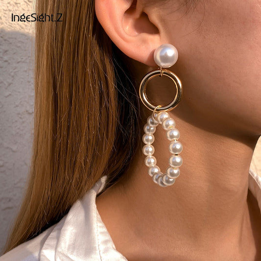 Retro Temperament Cold Wind Imitation Pearl Earrings Female Simple Geometric Metal Large Hoop Earrings eprolo