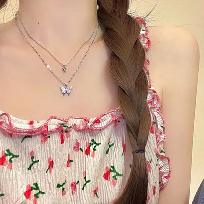 Flash Diamond Butterfly Double Layer Necklace for Women