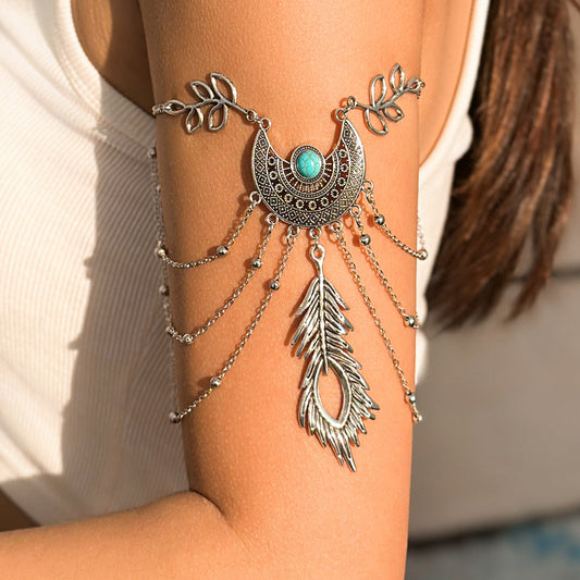 Bohemian metal chain jewelry arm chain punk retro dream catcher net leaf tassel open arm bracelet eprolo