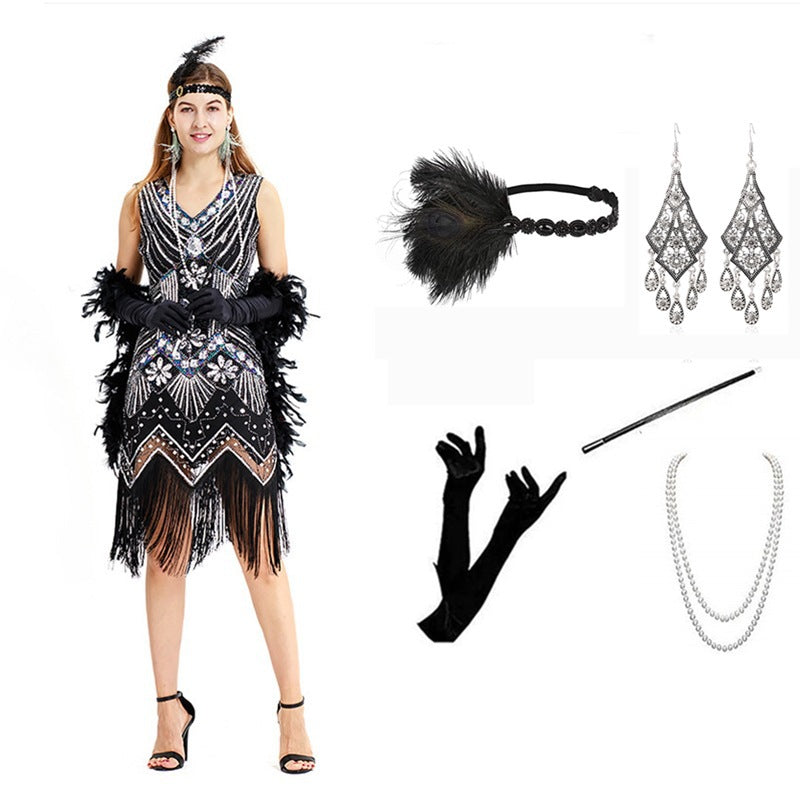 Vintage Gatsby Dress with Front and Back V-Neck Beaded Sequin Fringe 1920s Style Cocktail Party Performance Set eprolo
