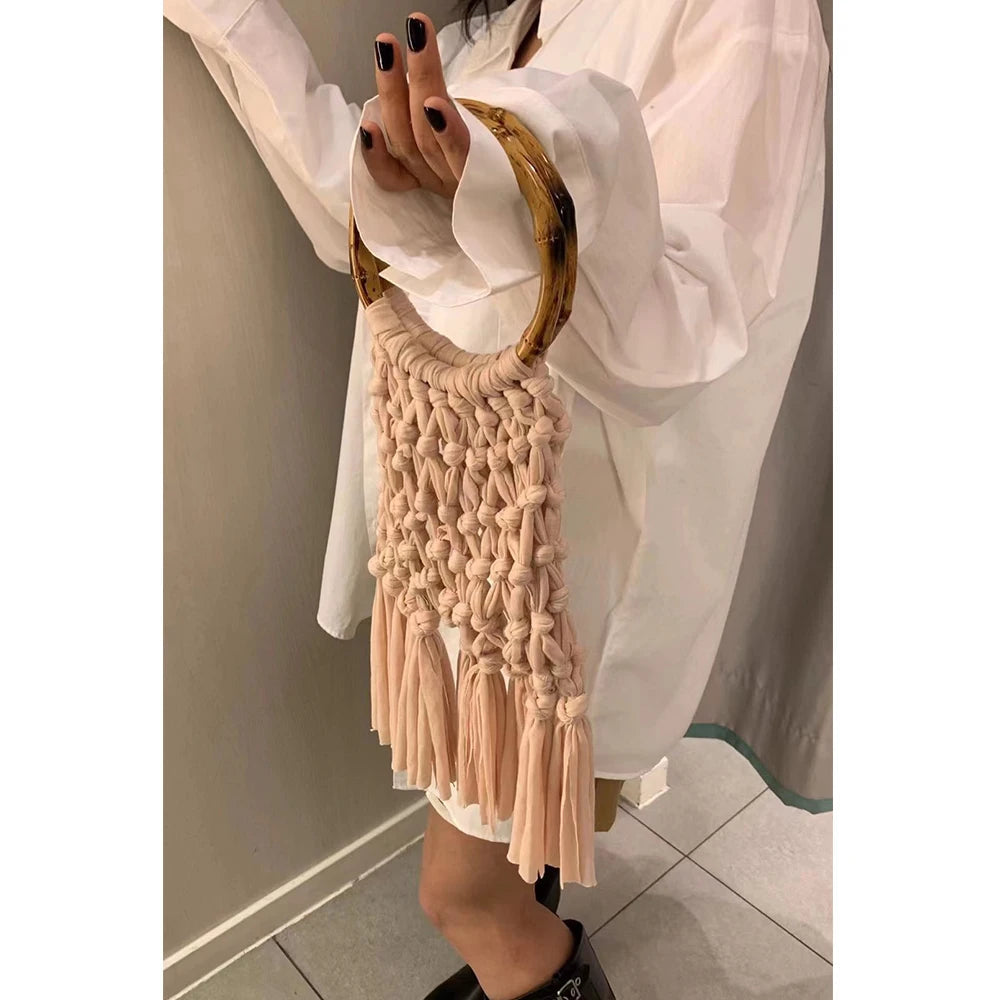 Cotton Knitted Tassel Hollow Bag DIY Hand Woven Bag Circular Handheld Small Bag eprolo
