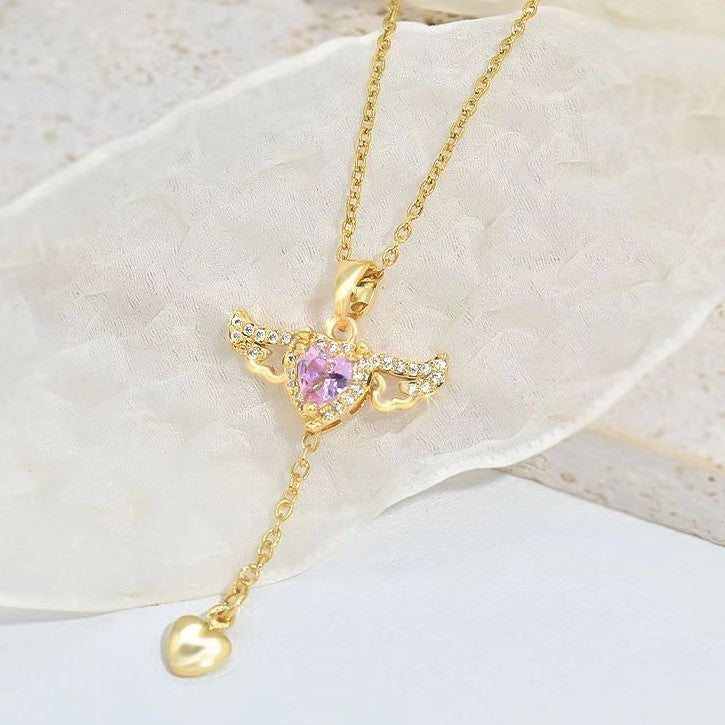 Moving Cupid Heart Angel Wings Tassel Necklace With Crystal Clavicle Chain Women Jewelry Gift Valentine's Day Shopera