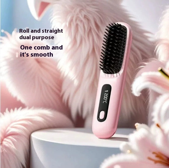 2 In 1 Straight Hair Comb Wireless Hair Straightener Brush Hair Fast Heating Portable Hot Curler USB Charging Shopera