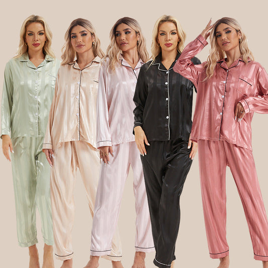 Artificial Silk Bold Stripes Long-sleeved Home Wear European And American Style Pajamas Plus Size Shopera