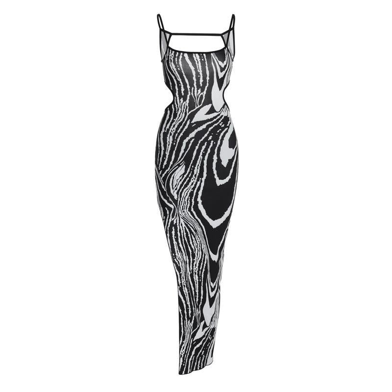 Printed sexy backless hollow slit suspender dress eprolo