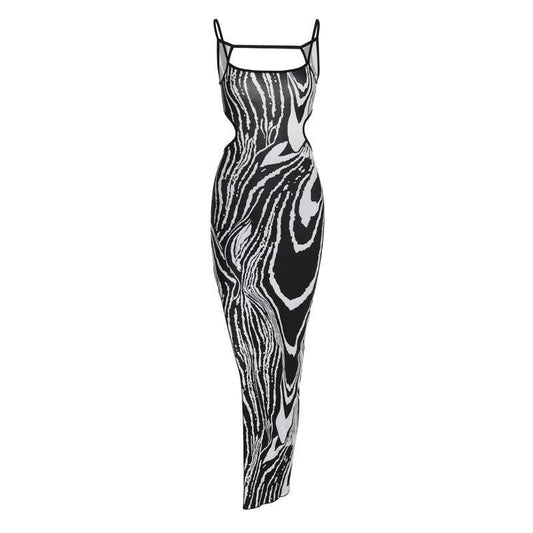 Printed sexy backless hollow slit suspender dress eprolo