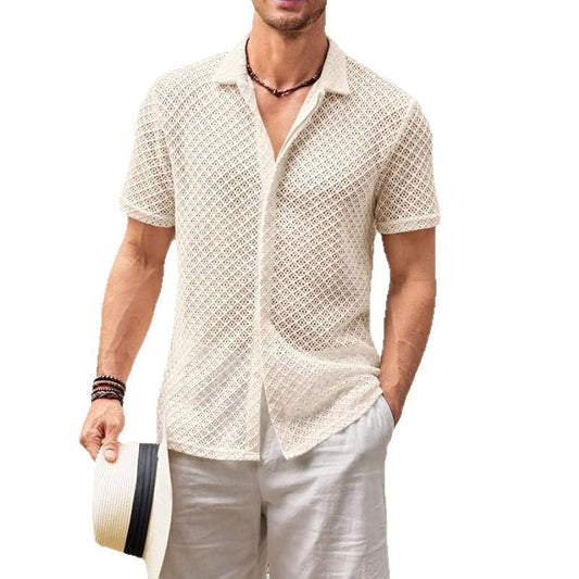Summer Mesh Short Sleeve Shirt Fashion Solid Color Lapel Shirt Tops Beach Men Clothing Shopera