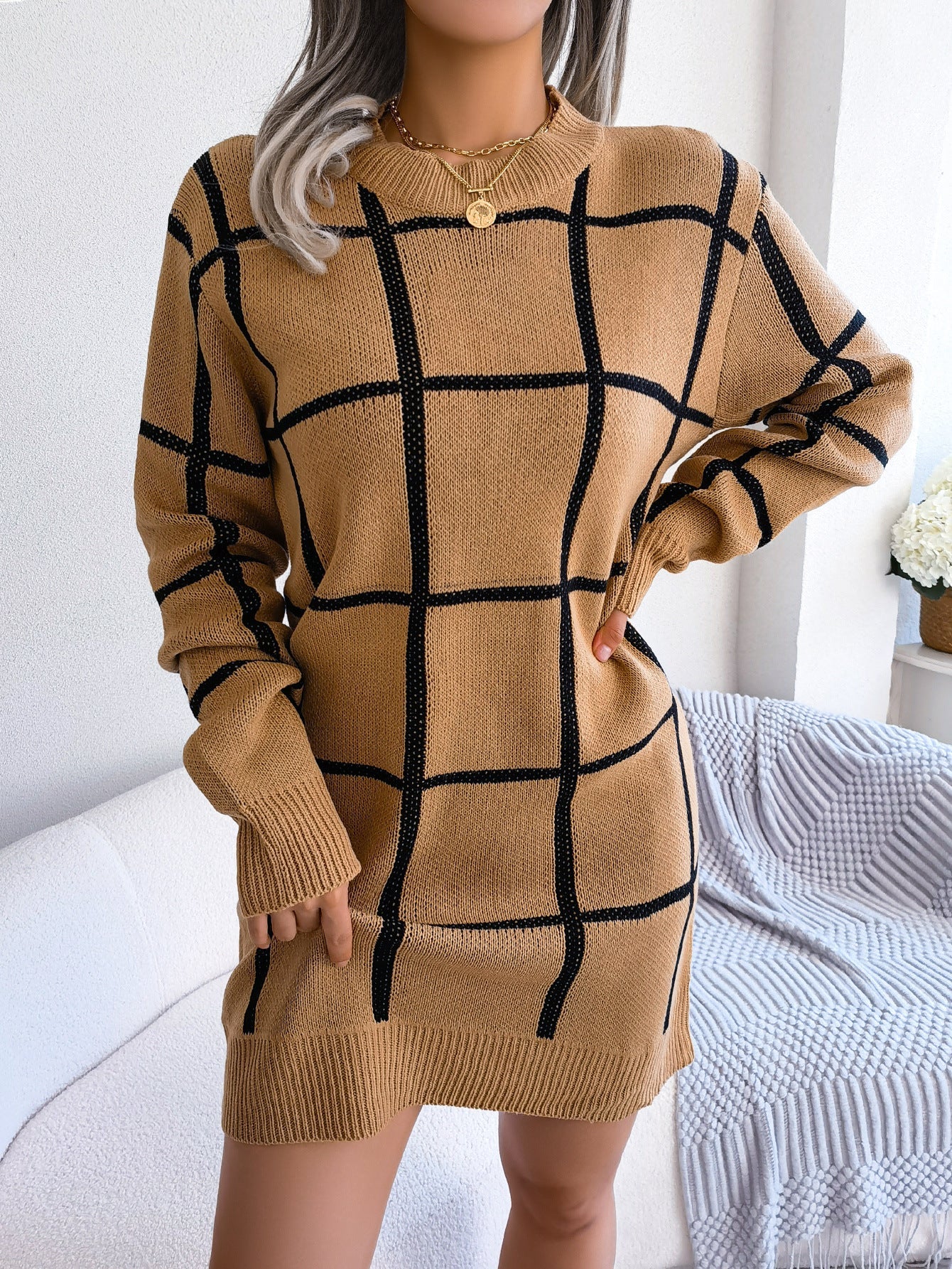 Casual contrasting plaid long sleeved base woolen dress eprolo