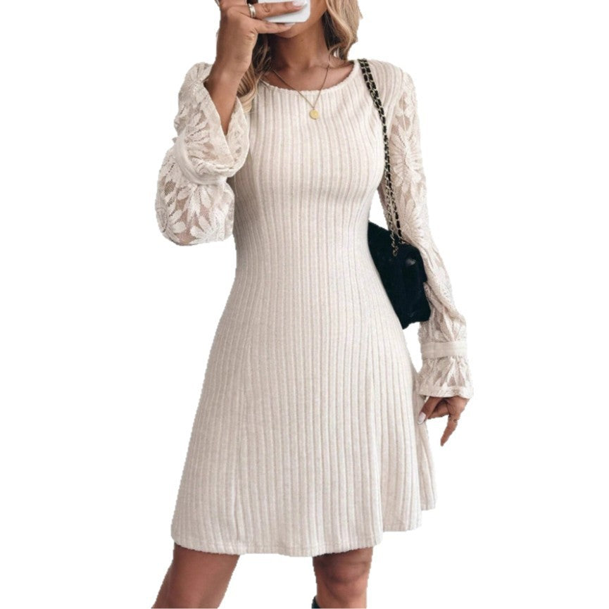 Women’s Long Sleeve Knitted Lace Trim Sweater Dress – Elegant Fall Winter Dress