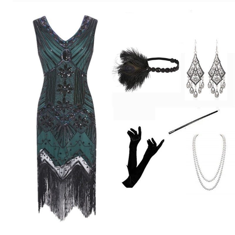 Vintage Gatsby Dress with Front and Back V-Neck Beaded Sequin Fringe 1920s Style Cocktail Party Performance Set eprolo