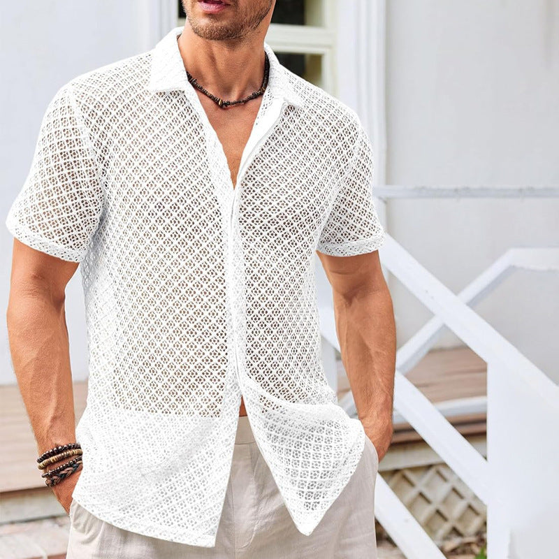 Summer Mesh Short Sleeve Shirt Fashion Solid Color Lapel Shirt Tops Beach Men Clothing Shopera
