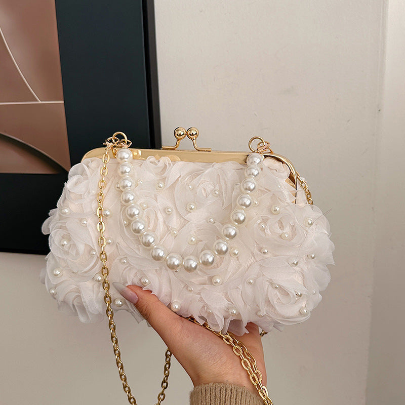 Net Lace Pleated Clutch Evening Handbag Korean Sweet Style Pearl Chain Crossbody Bag eprolo