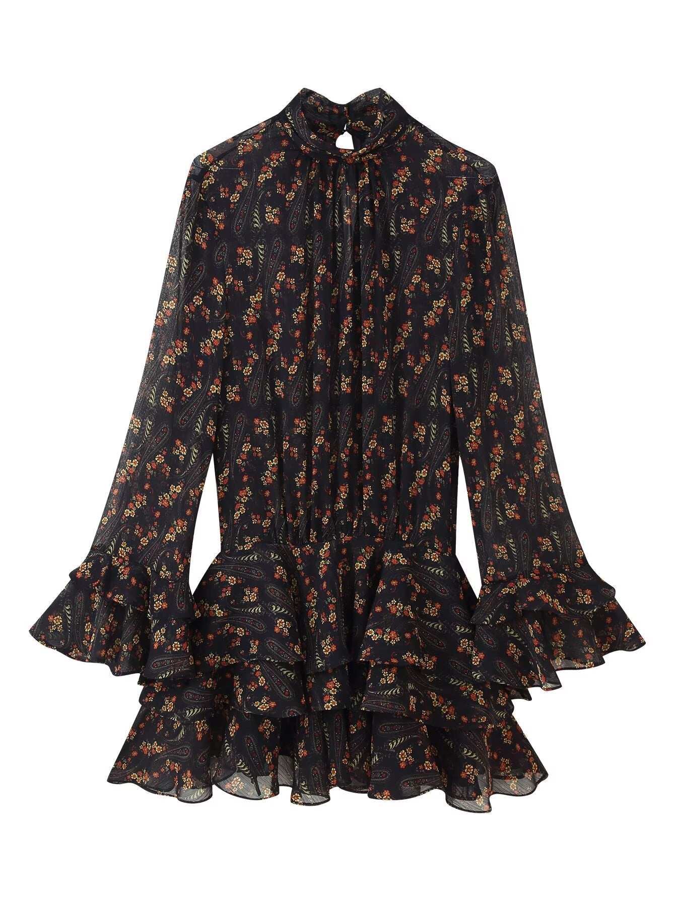 Half high neck flared sleeve printed short skirt dress for women eprolo