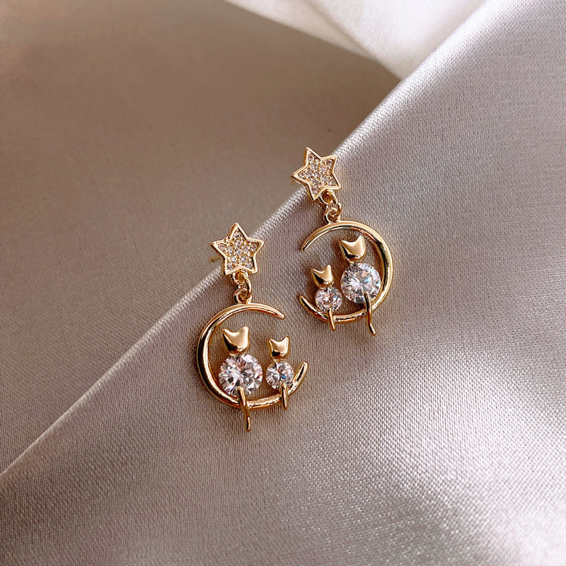 925 Silver Needle Korean Personalized Zircon Cat Earrings Mesh Red Korean Edition Diamond Star Moon Earrings Elegant Versatile Women eprolo