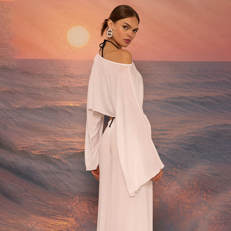 Autumn Women's Round Neck Pleated Crop with Elastic High Waist Wide Straight Leg Set eprolo