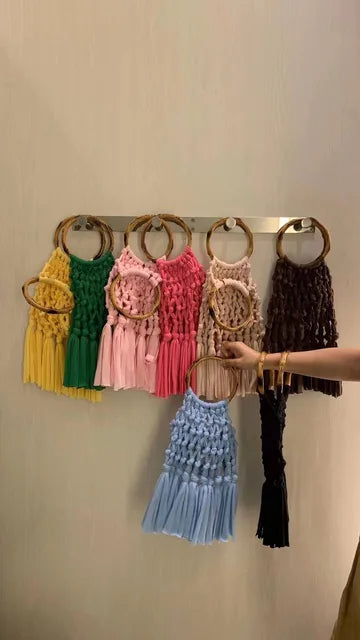 Cotton Knitted Tassel Hollow Bag DIY Hand Woven Bag Circular Handheld Small Bag eprolo