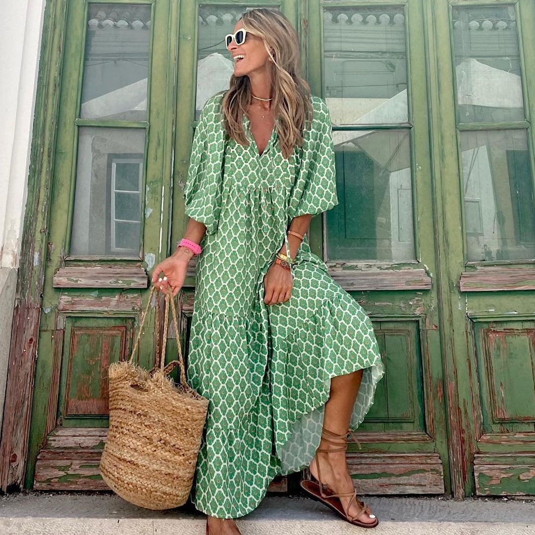 Summer Women's Vintage Printed Bohemian Dress Elegant Ladies Casual Loose V-Neck Short Sleeve Long Dresses Shopera