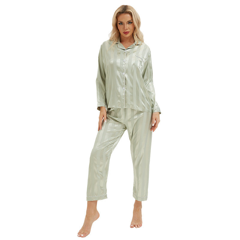 Artificial Silk Bold Stripes Long-sleeved Home Wear European And American Style Pajamas Plus Size Shopera