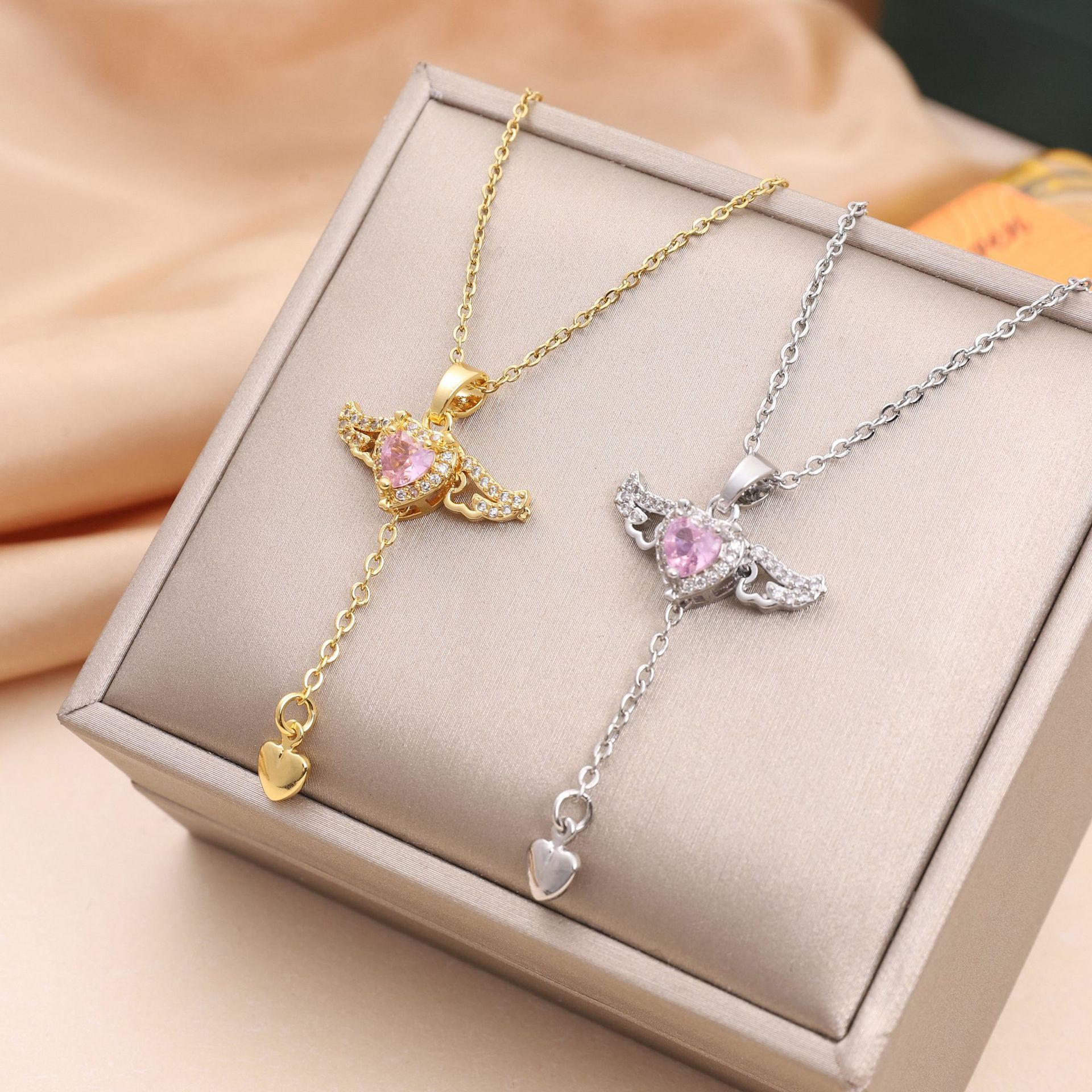 Moving Cupid Heart Angel Wings Tassel Necklace With Crystal Clavicle Chain Women Jewelry Gift Valentine's Day Shopera