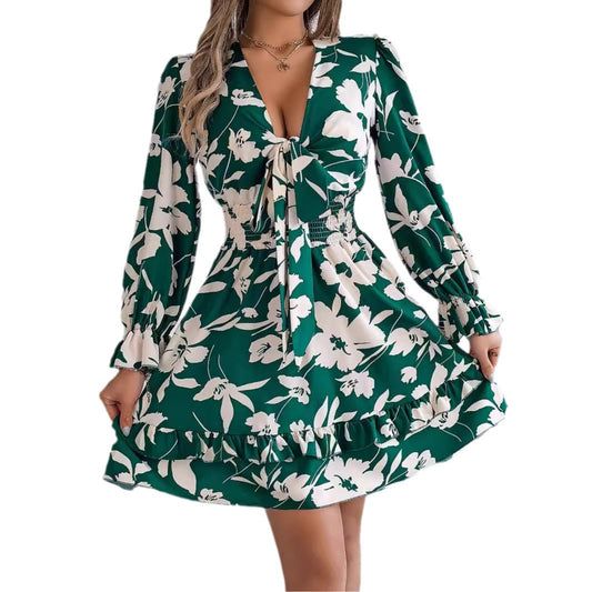 Leisure flower long sleeved mushroom edge A-line skirt eprolo