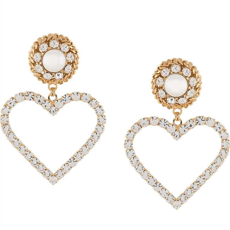 Exaggerated Catwalk Metal Heart Studded Peach Heart Earrings Rhinestone Pearl Heart Earrings eprolo