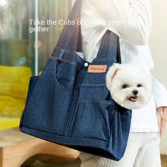 Dog Casual Denim Pocket Style Pet Carrier Backpack, Large Capacity, Crossbody Bag for Cats and Dogs eprolo