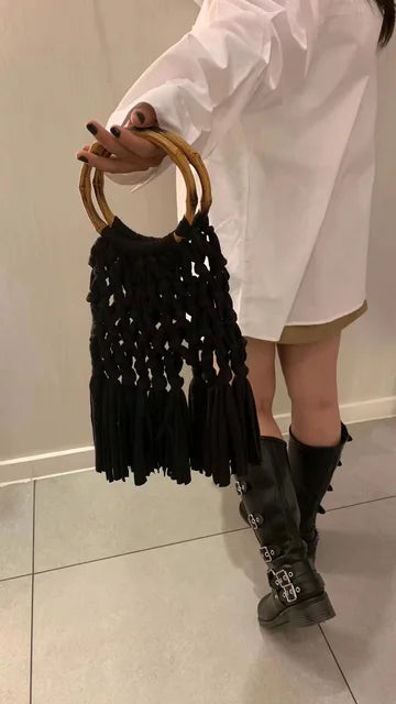Cotton Knitted Tassel Hollow Bag DIY Hand Woven Bag Circular Handheld Small Bag eprolo