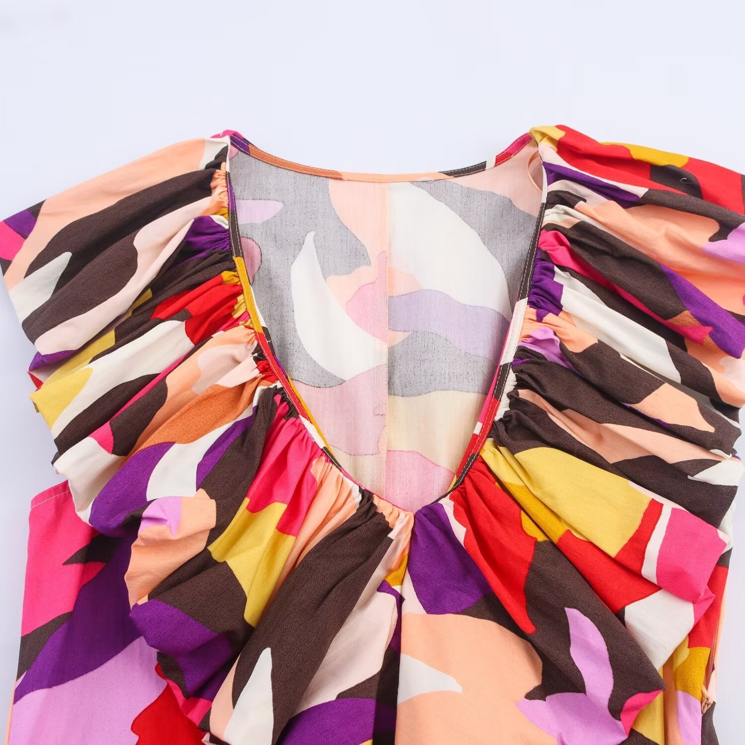 V-neck ruffled waist cinched printed dress for women eprolo