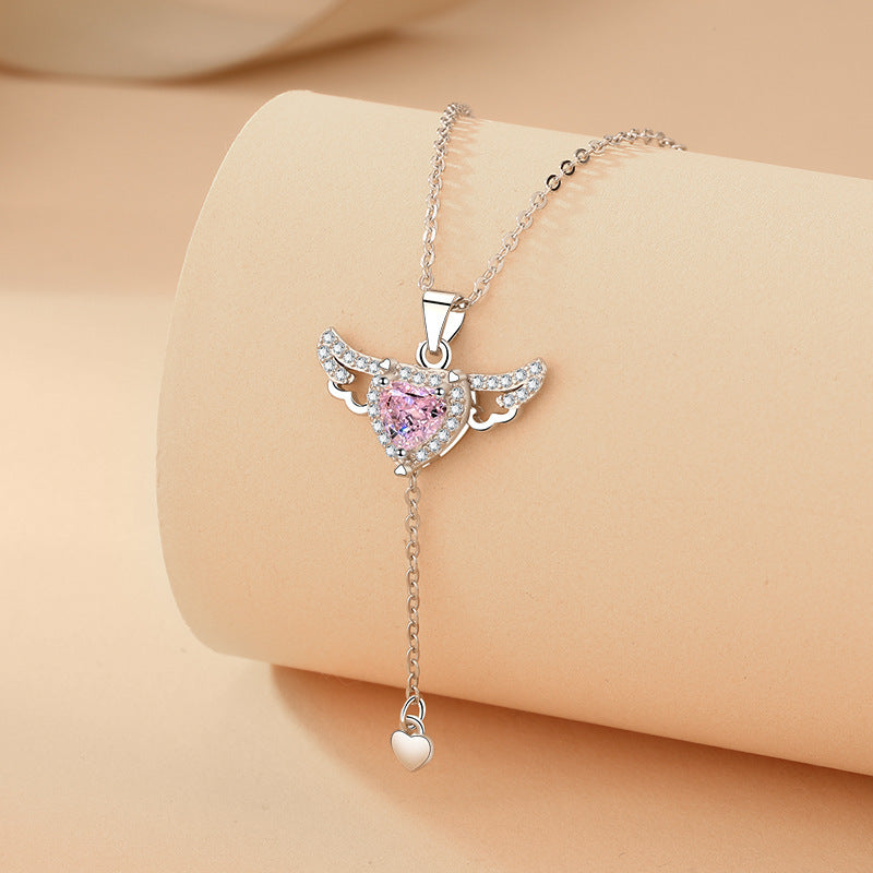 Moving Cupid Heart Angel Wings Tassel Necklace With Crystal Clavicle Chain Women Jewelry Gift Valentine's Day Shopera