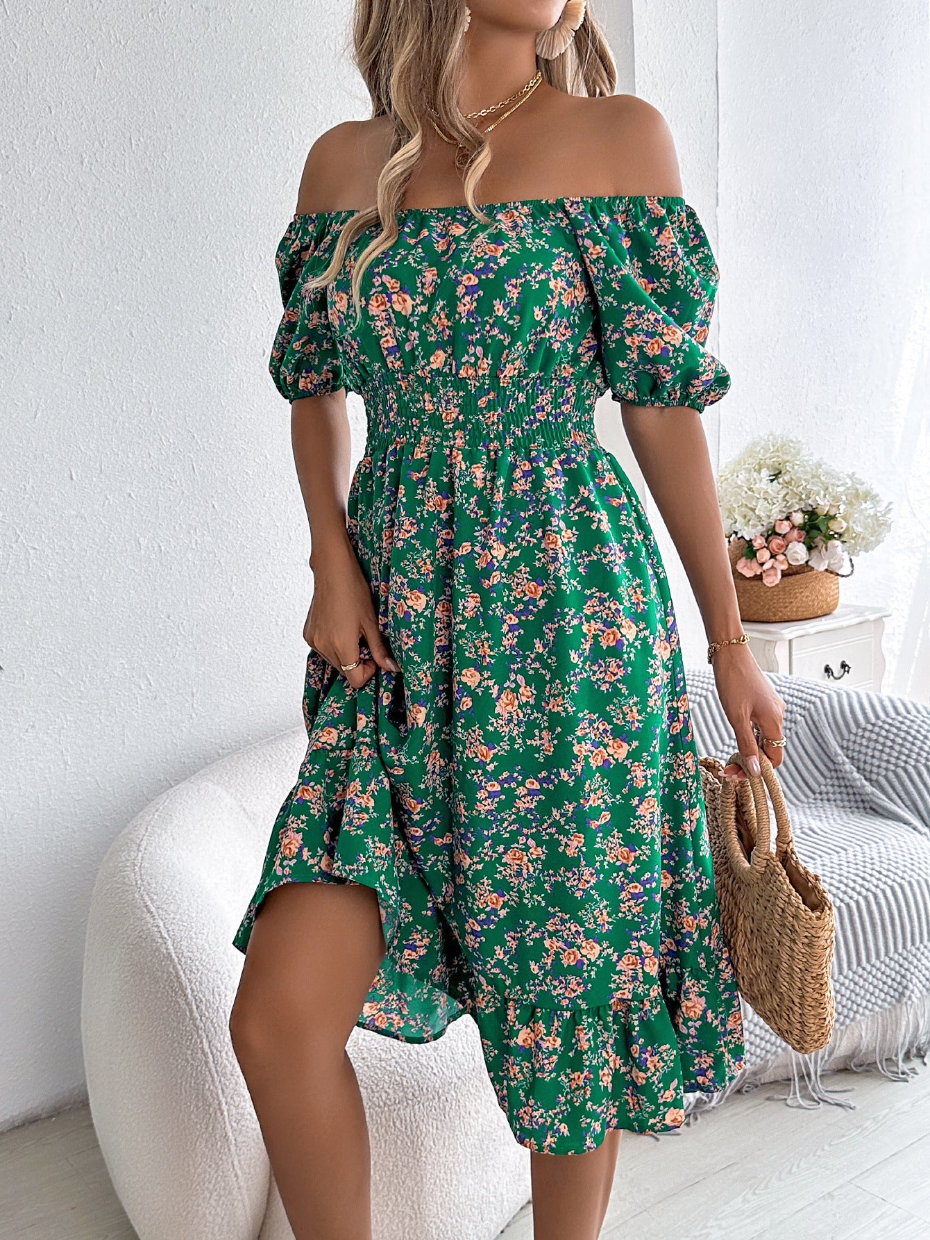 Floral Print Square Collar Dress Summer Fashion Ruffles Dresses Women's Clothing Shopera