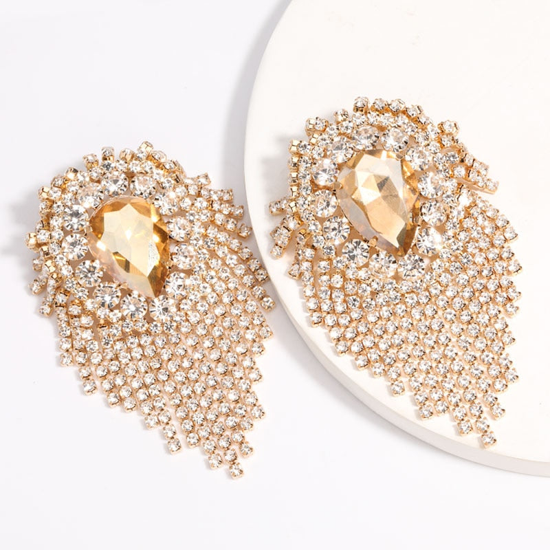 Exaggerated Style Alloy Diamond Rhinestone Water Drop-Shaped Glass Drill Tassel Earrings Female Super Flash Dinner Claw Chain Earrings eprolo