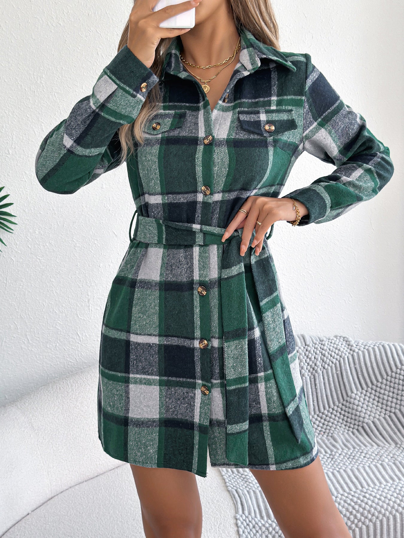 Checkered fake pocket long sleeved lace up woolen shirt skirt eprolo