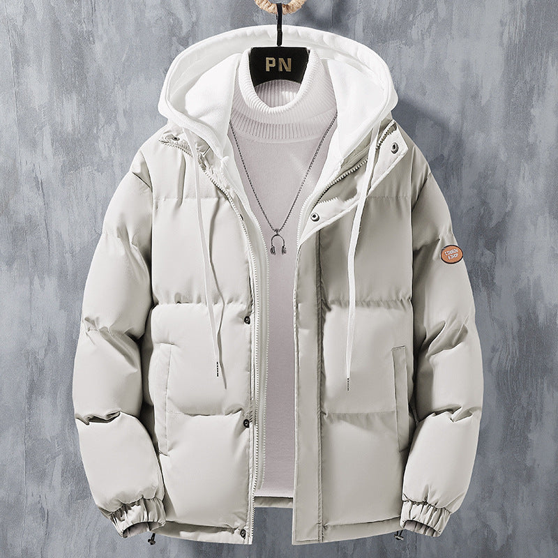 Fashion Hooded Jacket Men Winter Windproof Thickened Fake Two-piece Coat Solid Leisure Sports Cotton Jacket Shopera