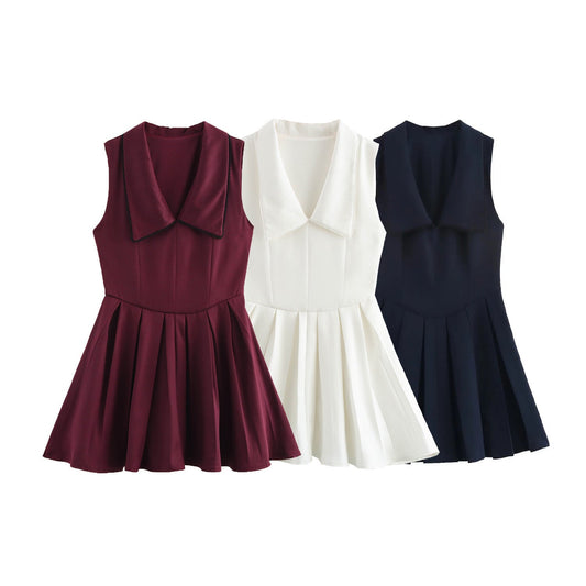 Doll collar lace trimmed waist wide pleated dress for women eprolo