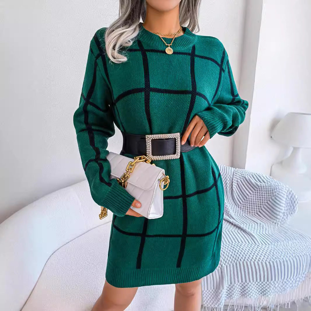 Casual contrasting plaid long sleeved base woolen dress eprolo