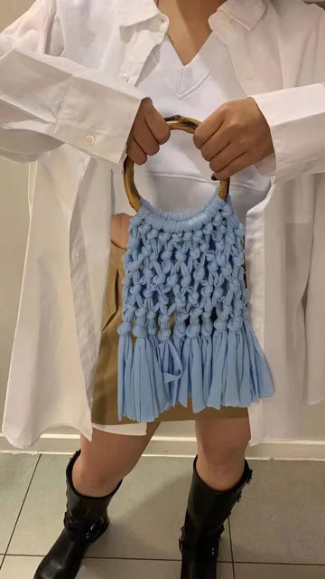 Cotton Knitted Tassel Hollow Bag DIY Hand Woven Bag Circular Handheld Small Bag eprolo