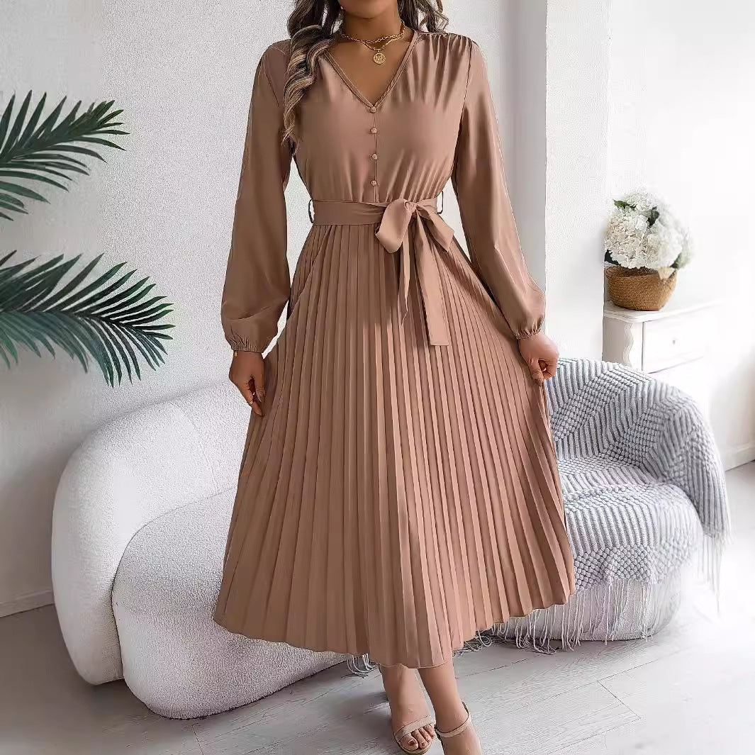 V-neck button tied pleated long skirt dress eprolo