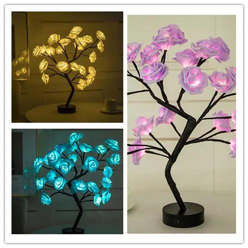 Rose Flower Lamp USB Battery Operated LED Table Lamp Bonsai Tree Night Lights Garland Bedroom Decoration Lights Home Decor null
