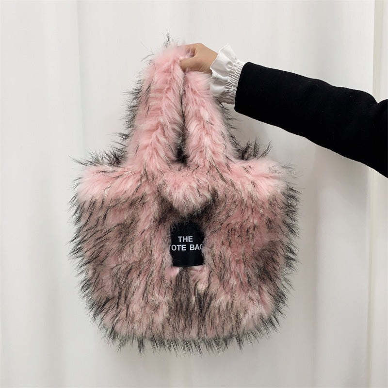 Crossbody Tote Bag Imitation Raccoon Fur Grass Plush Large Capacity Tote Bag Personalized Retro eprolo