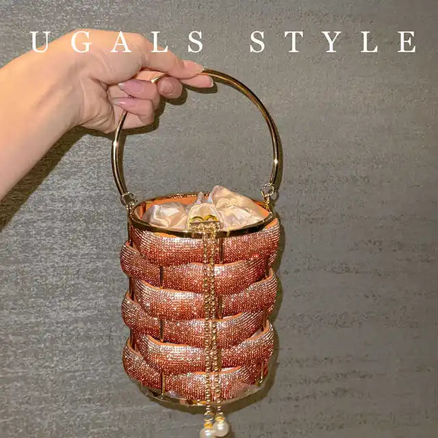 Woven Rhinestone Bucket Bag Woven Clutch Bags Women Boutique Multicolor Crystal Hollow Out Metal Purses And Handbags Wedding eprolo