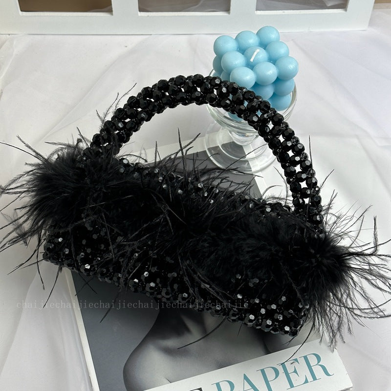 Pearl bead bag with Ostrich feather fur designer brand Clear Acrylic crystal stone box tote handbag women handmade party purse eprolo