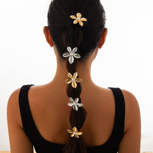 Versatile five petal flower alloy hair accessory with fashionable glossy imitation pearl bow headband eprolo