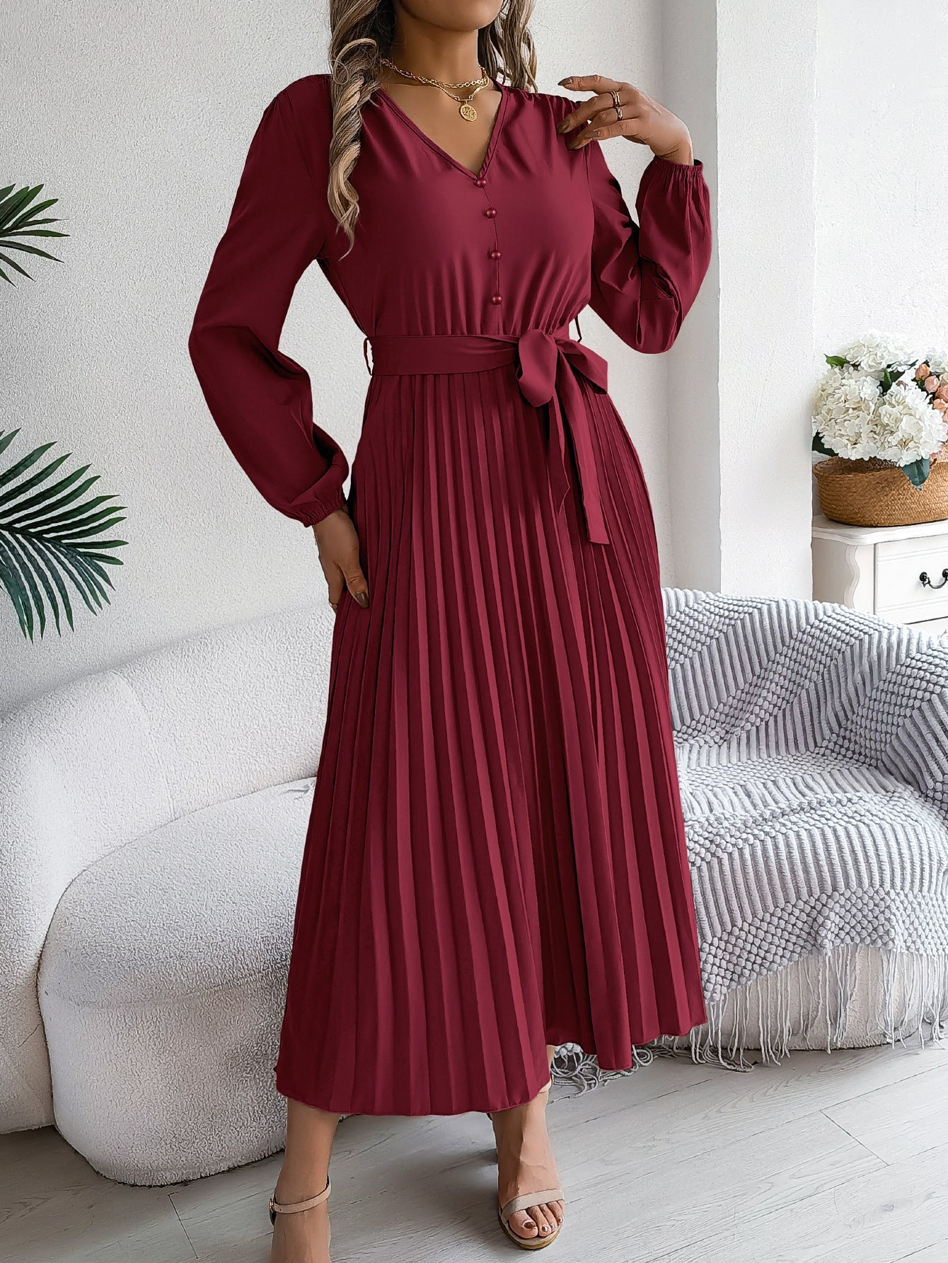 V-neck button tied pleated long skirt dress eprolo