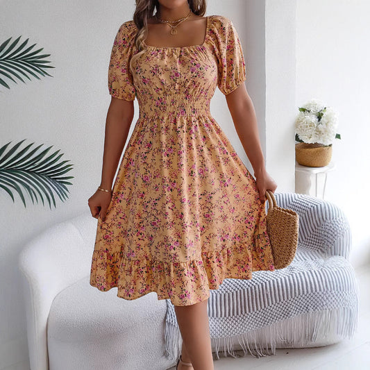 Floral Print Square Collar Dress Summer Fashion Ruffles Dresses Women's Clothing Shopera