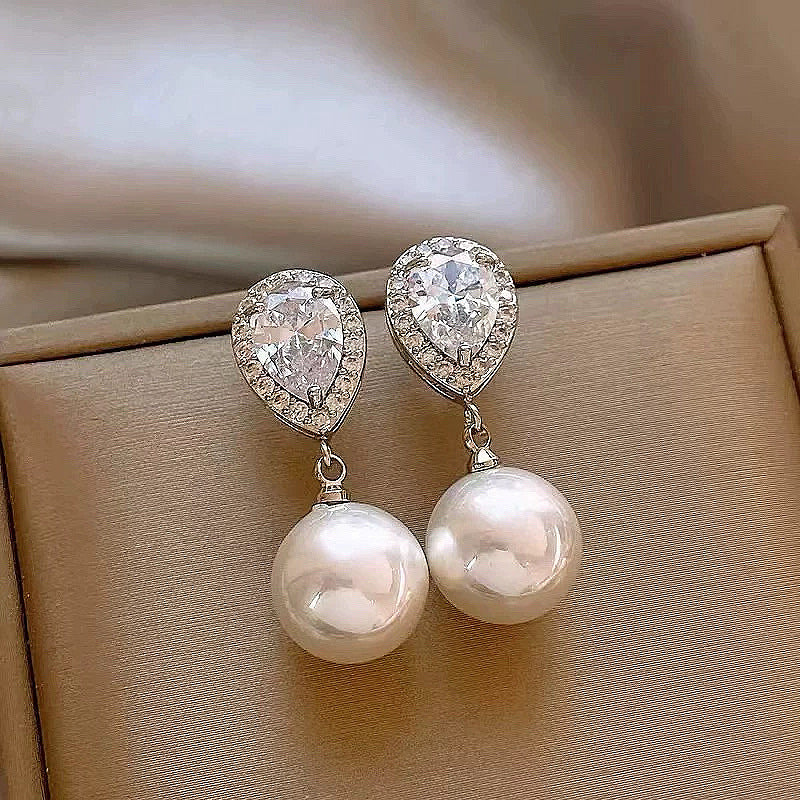 Water Drop Full Diamond Pearl Drop Earrings
