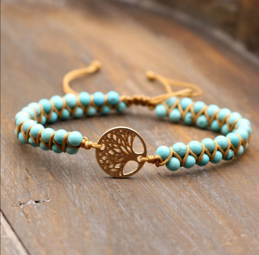 African Pine Life Tree Two-Tone Imperial Stone Double Layer Braided Wrap Bracelet