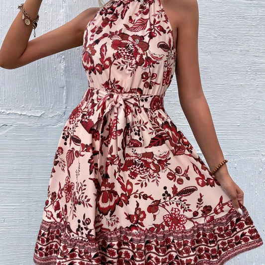 Fashion Floral Halter Waist Ladies Dress