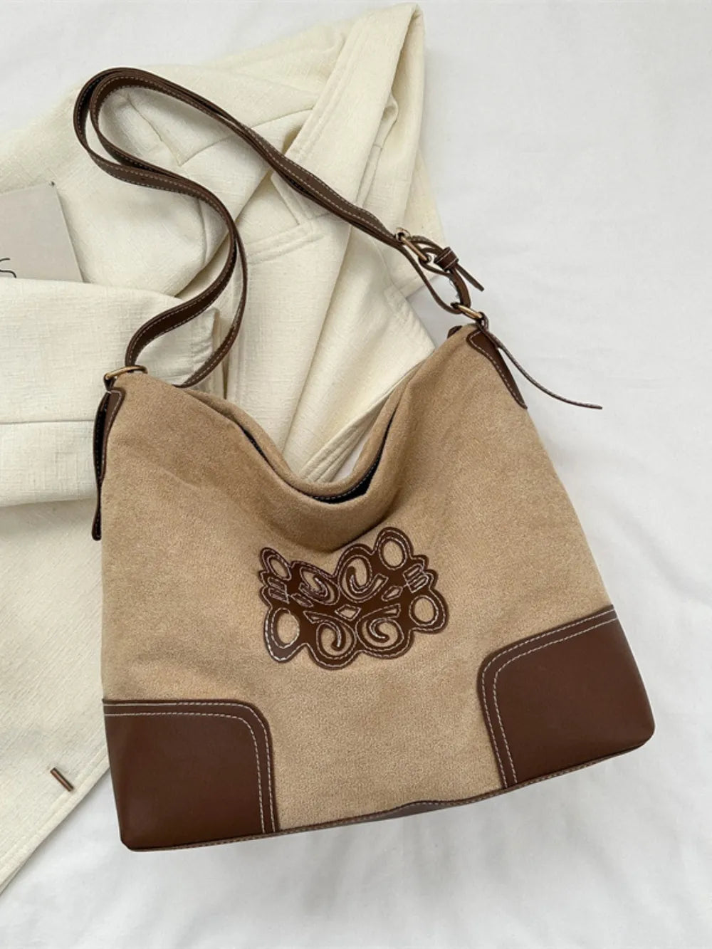 Suede Patch Adjustable Strap Tote Bag eprolo